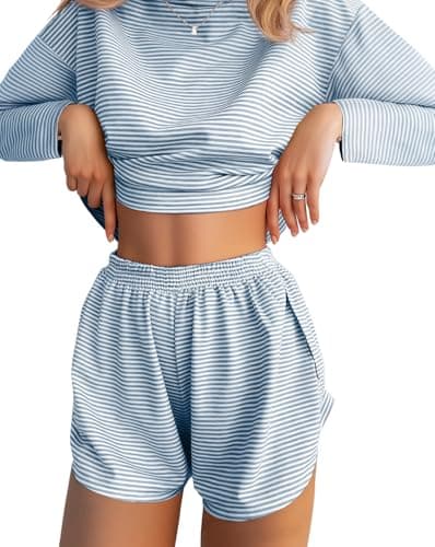 JUSTFASHIONNOW Womens Long Sleeve Lounge Set 2 Piece Cute Sleep Wear Striped Sleepwear Comfy Split Short Pajama Set Soft Fall Outfits Loungewear Pj sets (Blue, Large) - Image 1