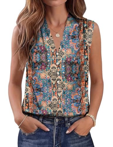 LOMON Women's Tank Tops V Neck Pleated Dressy Casual Sleeveless Blouses Summer Going Out Tops for Women Clothes Trendy 2026 XXL - Image 1