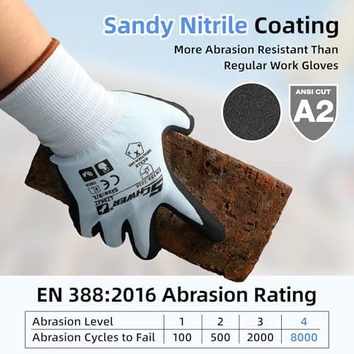 Schwer 12 Pairs Safety Work Gloves with Sandy Nitrile Coating, Extreme Fiber-Abrasion Resistance(Level 6-Certified) Heavy Duty Working Glove with Grip for Men Women, A2 Cut Glove, for Construction, L - Thumbnail 3