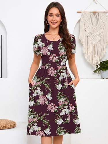 DEARCASE Women's Dresses Flower Wine Red X-Large Short Sleeve A line Summer Beach Midi Sundress Casual Wedding Guest Flowy Swing Cocktail Party Holiday Spring Travel Long Dress with Pockets - Thumbnail 4