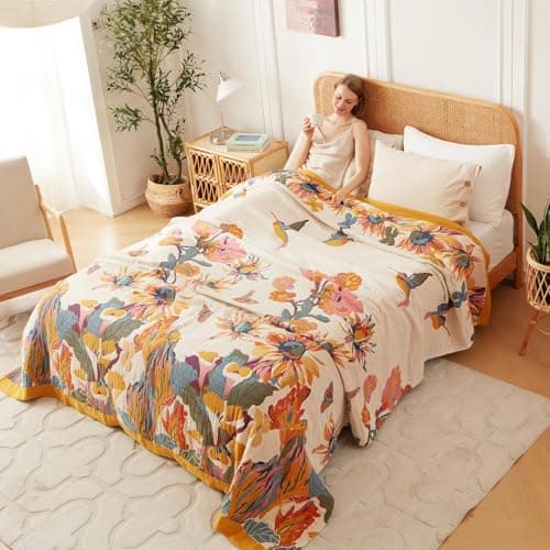 King Throw Blanket for Bed 100% Cotton Boho Soft Rustic Quilt Butterfly and Floral Double Embroidery Breathable Spring Bed Blanket,90"x108" All Season Blankets for Bedding Couch Home Decor - Thumbnail 5