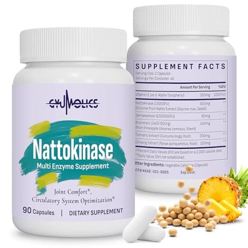 Gyumolics Nattokinase 10000FU, Nattokinase Supplement Organic, Serrapeptase, Bromelain, Curcumin, Vitamin E & Ginseng, Movement Comfort, 180 Capsules
