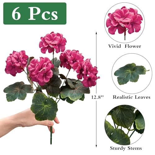 Karlliu Artificial Geranium Flowers for Outdoors: 6 PCS Realistic UV Resistant Faux Red Geranium Silk Flowers for Outdoor Planters Fade Proof Garden Fake Flowers Decor for Outside Porch - Rose Red - Thumbnail 2