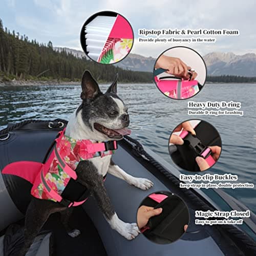 Dogcheer Dog Life Jacket Shark, Hawaiian Style Dog Life Vest for Swimming Boating with Superior Buoyancy and Rescue Handle, Reflective Pet Swim Vest for Small Medium Large Dogs - Flower Pink, M - Thumbnail 4