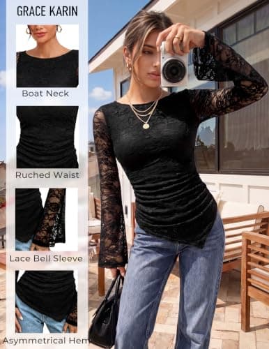 GRACE KARIN Womens Lace Bell Long Sleeve Tops 2026 Fall Boat Neck Ruched Going Out Shirt Asymmetrical Y2K Clothes Date Night, Black Peony, Small - Thumbnail 4