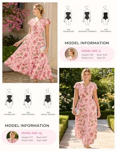 GRACE KARIN Women Summer Dress,Maxi Floral Dresses,V Neck Wedding Guest Flowy Dress 2026 Grayish-Pink with Pink Rose XL - Thumbnail 4