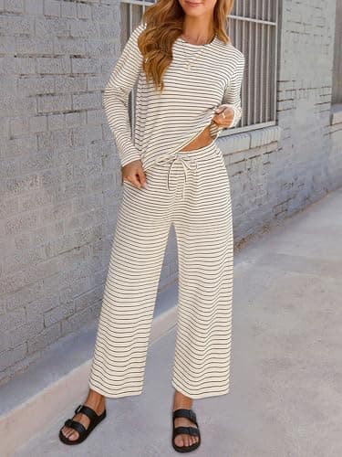 Lazysmile Lounge Sets For Women Casual Striped 2 Piece Outfits Long Sleeve Tops and Wide Leg Pants Loungewear Pajama Set - Thumbnail 4