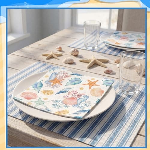 NatNarr 50 Pcs Seashell Napkins 6.5 Inch Vintage Coastal Beach Paper Napkins Blue Seahorse Starfish Conch Ocean Nautical Beverage Party Napkin for Summer Pool Coastal Wedding Decoupage, 2-Ply - Thumbnail 5