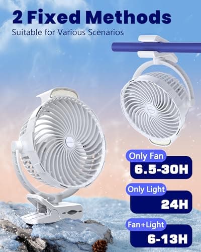 Tenvolti 10000mAh Clip on Fan, 8-Inch Golf Cart Fan Rechargeable with LED Light, 9 Speeds Strong Airflow, Ultra Quiet, 30Hrs Runtime, 360° Rotation, Cooling for Bed Camping Office Desk Dorm, White - Thumbnail 5