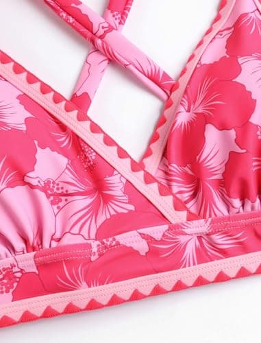 ZAFUL Womens High Waisted Bikini Sets Floral Print Whip Stitch Two Piece Swimsuit Crisscross Tie Back Bathing Suits 2026 Rose Red Large - Thumbnail 5