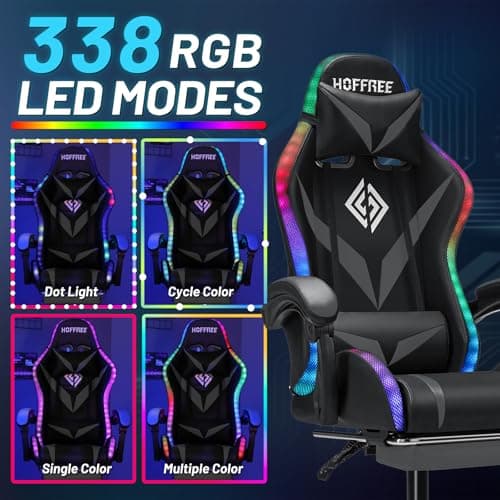 HOFFREE Gaming Chair Massage with Bluetooth Speakers and Led Lights Ergonomic Computer Gaming Chairs with Footrest RGB Video Game Chair with High Back Lumbar Support Grey and Black - Thumbnail 5