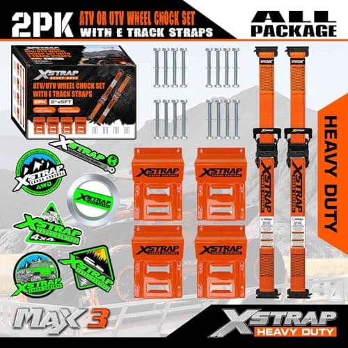 XSTRAP STANDARD Wheel Chock E-Track Tie Down Straps Kit, 2 Pack 2’’ x 9FT Over-The-Tire Ratchet Straps with Steel Wheel Chocks, 1466 lbs WLL for ATV, UTV, Lawn Mower, Trailer Hauling, Orange - Thumbnail 6