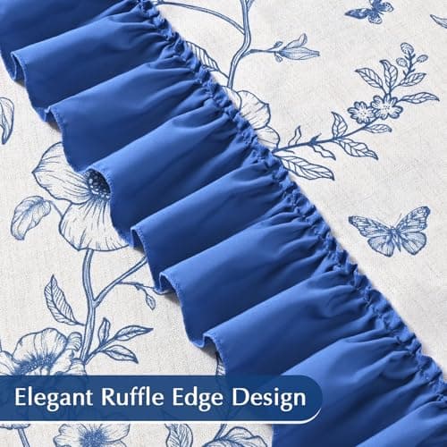 Yinhua Blue Floral Curtains for Living Room 84 Inch Length Farmhouse French Bedroom Curtains with Ruffle Tieback, Linen Light Filtering Window Curtain Rod Pocket Back Tab Drapes, 52"W x 84"L, 2 Panels - Thumbnail 5
