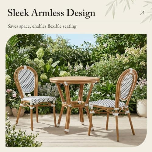 PURPLE LEAF Patio Dining Chair Set of 2 Outdoor French Aluminium Frame in Bamboo Finish with Sky Blue & White Woven Rattan for Indoor Kitchen Deck Bistros Cafe Restaurant - Thumbnail 6