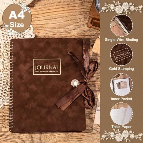 FLYING EAGLE 300 Pages Thick Spiral Notebook Journaling Notebooks Vintage Velvet Journal for Women Men A4 Lined Journals for Writing with Gift Box, 8.5 x 11in, Brown - Thumbnail 5