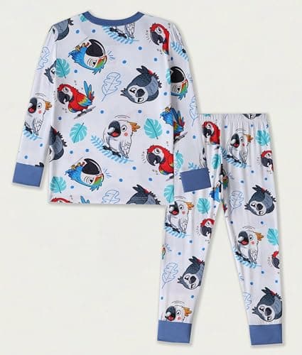 Joonberry Toddler Kids Soft Bamboo Viscose Long Sleeve Top and Pants Clothing Set–2-Piece 2-9Y Boys Girls Outfit（Parrot, 3-4Y - Thumbnail 2
