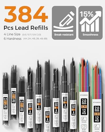 STAGEEK Mechanical Pencil Set with Case 34 Count, Drawing Pencils 0.5, 0.7, 0.9MM & 3PCS 2MM Sketching Pencils with 384PCS Lead Refills (6B 4B 2B HB 2H 4H Color) for Artist Drafting Drawing Writing - Thumbnail 3