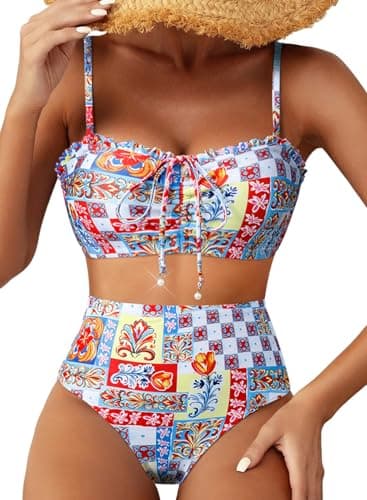 Herseas Women's Two Piece Bikini Sets Pattern Print Lace Up Front Top Slimming Swimsuits Removable Padding Ruched Ruffle Trim Bathing Suits Chic Resort Essentials Multicolor Mosaic Large - Image 1