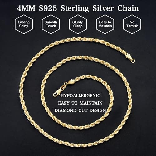 HIMSTORY Gold Chain for Men, 18K Gold Plated 925 Sterling Silver 3mm Rope Chain Necklace for Men Jewelry Sturdy Non-Fading Mens Chains Gifts for Dad Husband 24 Inch - Thumbnail 4