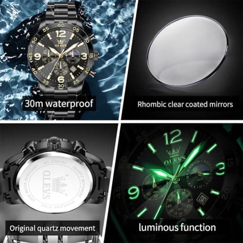 OLEVS Watch Men Black Watches for Men Luxury Fashion Arabic Numerals Chronograph Mens Watches Dress Stainless Steel Waterproof Luminous Large Wrist Watch for Man Date Moon Phase Relojes para Hombres - Thumbnail 5