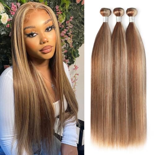 YESHURAY Highlight Bundles Human Hair Straight Virgin Hair Extensions With Brown/Blonde 3 Tones Highlights 3 Bundles/Pack 12 14 16 Inch 100g/Bundle