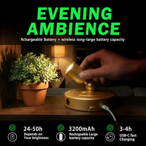 FFKWLTONG Rechargeable LED Spotlights Indoor Plant Grow Lights Picture Lights 180° Adjustable Wall Mounted Display Lamp for Plants/Artwork/Figures/Bookshelf Ambience Lighting-Gold - Thumbnail 2