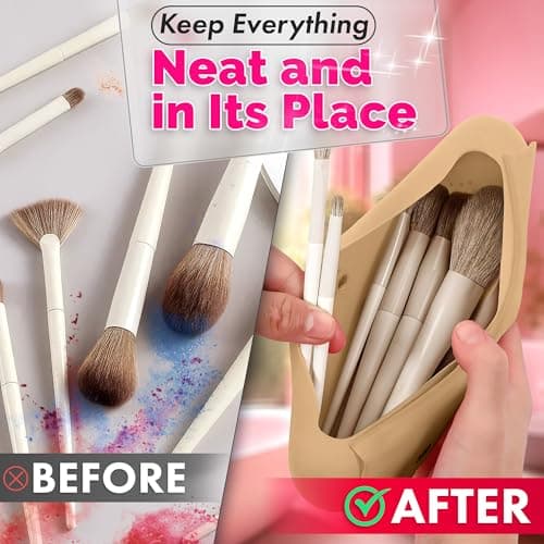 Silicone Makeup Brush Holder Travel – Stylish Silicone Make Up Bag 8.3 in, Travel Makeup Bag for Brushes, Easy-to-Clean Waterproof Case, Fits Purse or Tote, Magnetic Clips, Sturdy Brush Organizer - Thumbnail 5