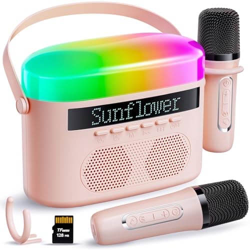 Karaoke Machine for Kids & Adults with 2 Wireless Mics 2400mAh Portable Bluetooth Karaoke Speaker with Timer White Noise & Night Light High Power Dual Speaker LED Display Home & Outdoor Party - Pink