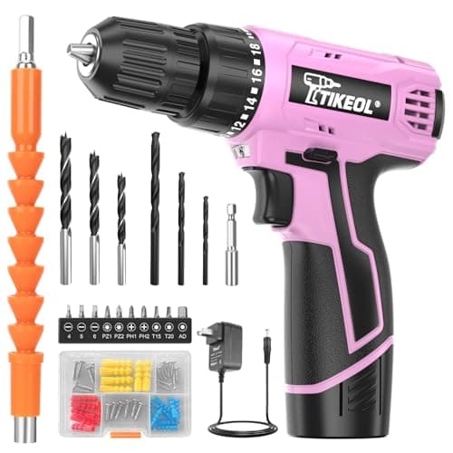 TIKEOL 12V Cordless Drill Set with Battery & Charger, Electric Power Drill with Pure Copper Motor, 180 In-lbs Torque, 18+1 Clutch, 3/8" Keyless Chuck, LED Light, Drill Kit for Home Repair, DIY(Pink) - Image 1