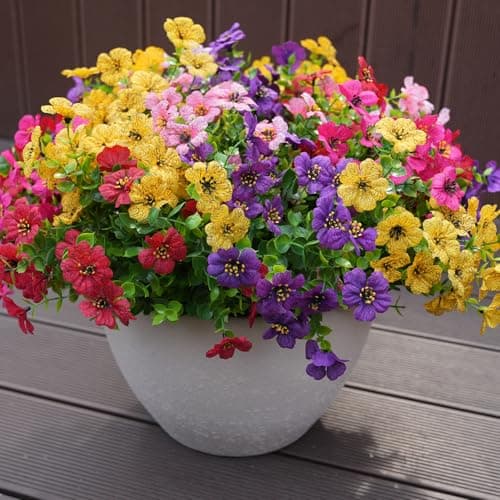 trytuny Artificial Flowers for Outdoor, UV Resistant Fake Silk Flowers, Realistic Faux Plants for Outside Indoor Porch Patio Window Box Planter Home Decor (20, Yellow Purple Rosy Pink Red) - Thumbnail 6