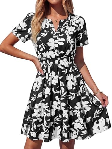 BTFBM Summer Dresses for Women 2026 Lightweight Casual Short Sleeve Floral Mini Dress A Line Beach Vacation Sundress(Black White Flower, Medium) - Image 1