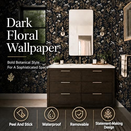 Abyssaly Vintage Floral Peel and Stick Wallpaper Black and Gold Wallpaper Dark Leaf Contact Paper Removable Self Adhesive Moody Botanical Vinyl Wrap for Bedroom Bathroom Shelf DIY Decor 17.3" x 590.5" - Thumbnail 3