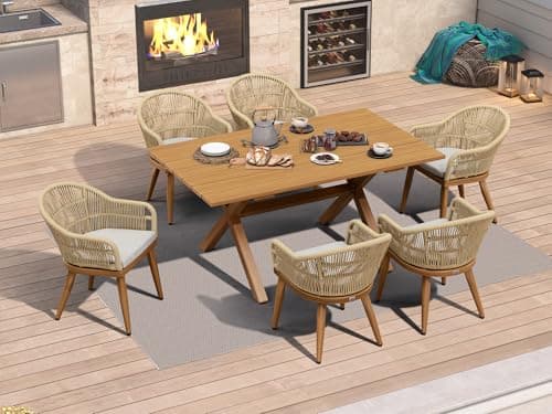 PURPLE LEAF 7 Pieces Patio Dining Set with Rattan Chairs Cushion, Teak