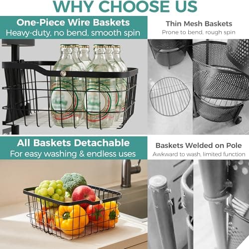 Ocyfym 5 Tier Kitchen Fruit Vegetable Storage Cart with One-Piece Rotating Basket, Pantry Organizer Shelf Rack Floor Stand for Veggie Onion Potato Produce Spice, Rolling Snack Cart on Wheels, Black - Thumbnail 3