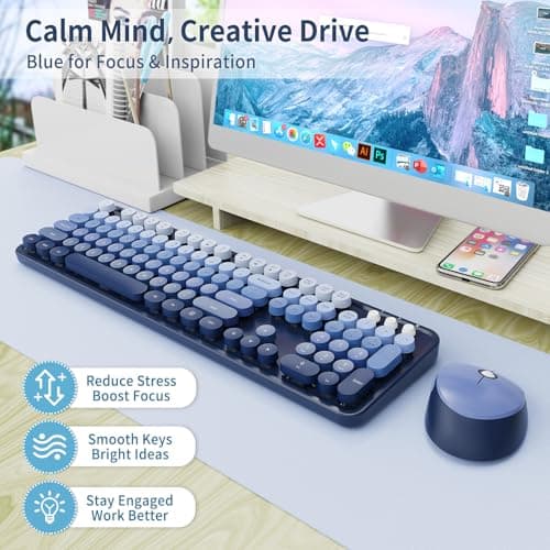 Nowlike Wireless Keyboard and Mouse Combo, Retro Typewriter Keyboard with Round Keycaps, Full-Size Ergonomic, Blue, Ideal for Windows PC, Home, Office, and College, Wireless Keyboard Mouse Combo - Thumbnail 2