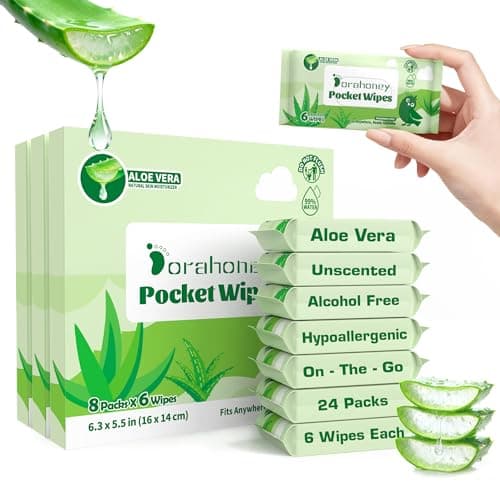 Dorahoney Unscented Wet Wipes Travel Size with Aloe Vera, Moisturizing Pocket Wipes for Sensitive Skin, 99% Water Hypoallergenic Mini Wipes Travel Essentials, 144 Count (24 Packs of 6) - Image 1