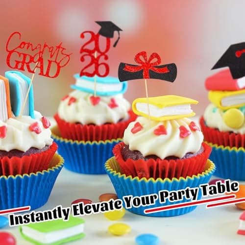Oeyliz Graduation Cupcake Toppers 2026 Graduation Theme Cupcake Toppers Glitter 2026 Grad Cap Congrats Grad Diploma Cupcakes Toppers 24 PCS For 2026 Graduation Cake Decorations Supplies Red - Thumbnail 3
