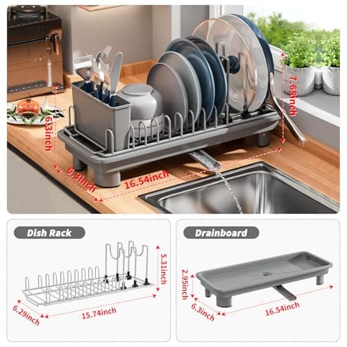 SanDream Small Dish Drying Rack with Removable Utensil Holder & Anti-Scratch Base - Stainless Steel Dish Rack, Dish Drying Rack with Drainage & Space Saving Design for Kitchen Counter, Gray - Thumbnail 3