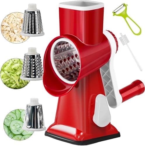YOUCZON Rotary Cheese Grater Multi-Purpose Stainless Steel Cheese Shredder - Cheese Grater With Handle Effortless Grating of Carrots, Potatoes, Vegetables, and Fruits (Red) - Image 1