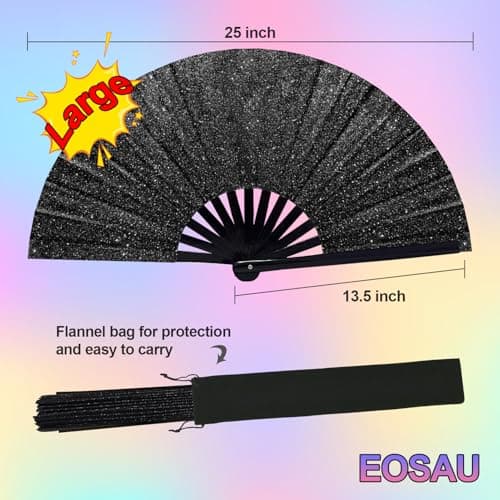 EOSAU Large Glitter Rave Fan Folding Hand Fans for Line Dancing Portable Handheld Clack Fan for Festival EDM Party Music Outfit Accessories (13" Black 01) - Thumbnail 2