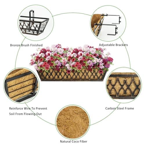 Karlliu 4 Pack 30 Inch Window Boxes Planters Railing Planter Box with Adjustable Brackets for Porch Fence Patio Balcony Hanging Flower Baskets with Coco Liners for Outdoor Garden Decor - Bronze - Thumbnail 3