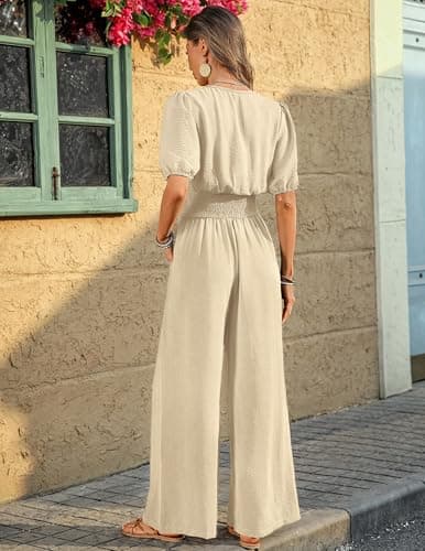 LOOKBOHO Womens Jumpsuits Short Sleeve V Neck Dressy Casual Wide Leg Pants Romper 2026 Summer One Piece Outfits - Thumbnail 3