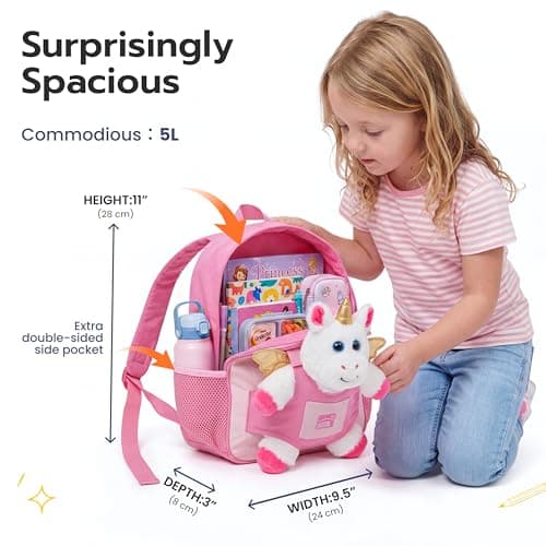 JOIEDOMI Toddler Backpack for Girls 2-4, 11" H Kids Backpack with Detachable Unicorn Toy for 2 Year Old Girl Birthday Gift, Lightweight Perfect for Daycare Preschool Travel - Thumbnail 3