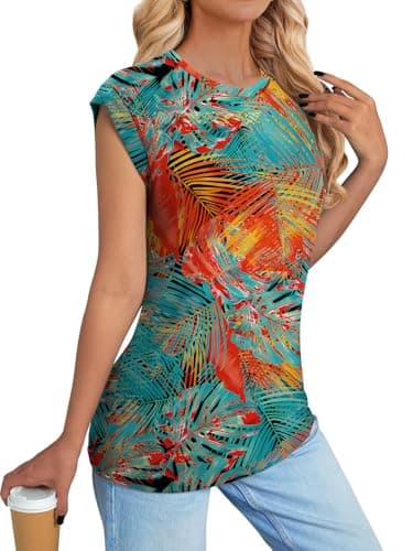 NORACORA Womens Spring Summer Floral Print Blouse Lightweight Cap Sleeve Shirts Dressy Casual Tunic Tshirts Shirts for Women Trendy Tropical Vacation Outfits Tropical Leaves XL - Thumbnail 4