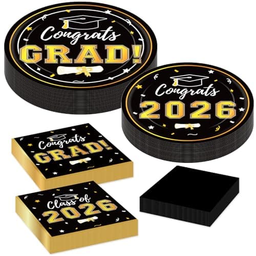 Graduation Decorations 2026 Class of 2026 Congrats Grad Disposable Paper Plates Luncheon Napkins Cocktail Napkins Black Gold Graduation Party Supplies Serve 50 - Thumbnail 6