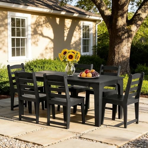 ACUEL HDPE Patio Dining Set for 6, Weather-Resistant Outdoor Table with Umbrella Hole, Never Sagging One-Piece Tabletop with Metal Support Bars for Poolside Backyard Garden (Black) - Thumbnail 5