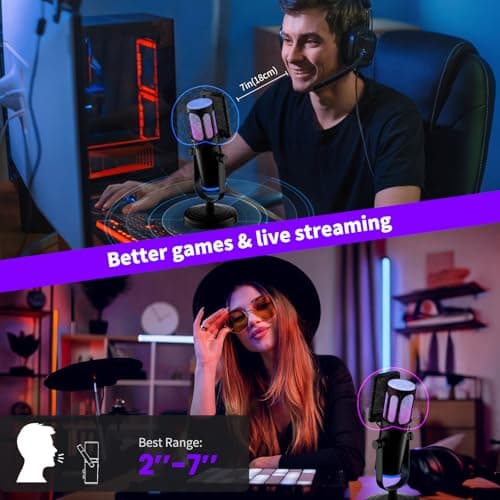 PUPGSIS Gaming Microphone for PC, Noise Cancellation Condenser Mic with RGB Lights, Mute, Monitoring, Pop Filter, Desktop-Mic for Streaming/Podcasting/Recording/Gaming Equipment, Plug & Play-Black - Thumbnail 6