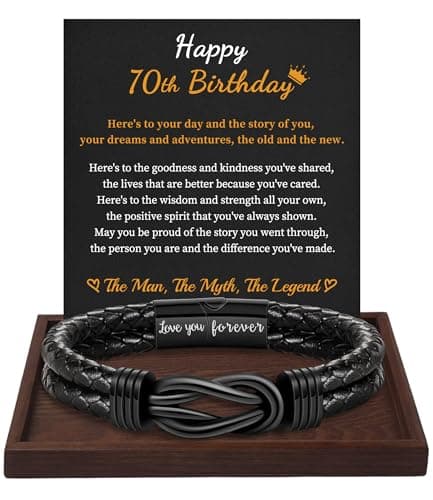 Btysun 70th Birthday Gifts for Men, 70th Birthday Gifts Leather Bracelet for Men Forever Linked Together Mens Bracelets Stainless Steel Dad Happy Birthday Gift for Grandpa - Image 1