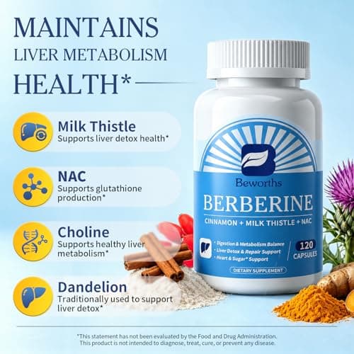 B BEWORTHS Berberine HCL Supplement - Berberine with Ceylon Cinnamon, NAC, Milk Thistle Metabolism & Liver Support | Liposomal Berberine with Turmeric, Choline for Cholesterol, Digestion Health - 120 - Thumbnail 4