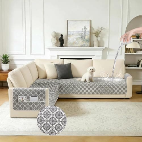 ALIECOM L Shaped Couch Cover for Sectional Sofa Waterproof Sofa Slipcover Non Slip Corner Couch Covers for Dogs Cats (X-Large, Floral Gray & Ivory)
